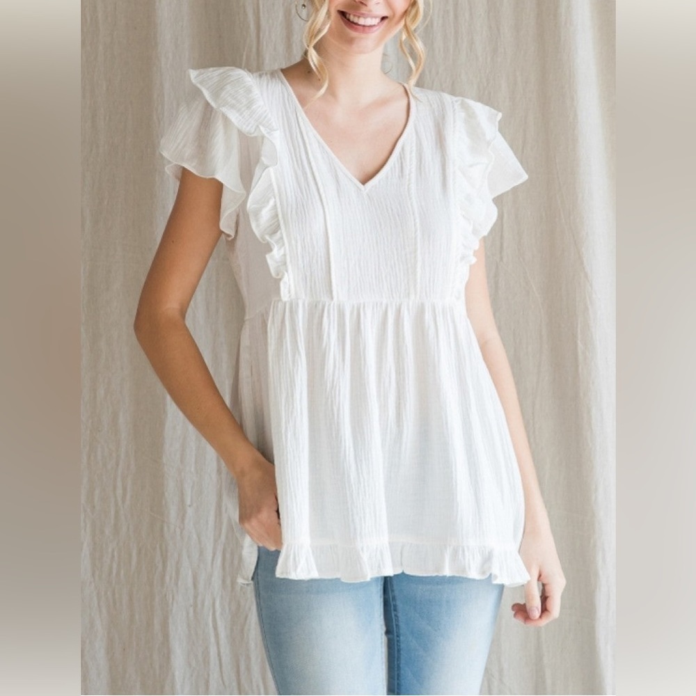 Nwt Jodifl White Gauzy Babydoll Cotton Ruffle Flutter Sleeve Blouse